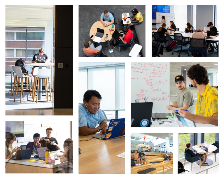 A dynamic photo grid showcases collaborative learning, individual focus, and community engagement in the versatile spaces of Kettering University's Learning Commons.