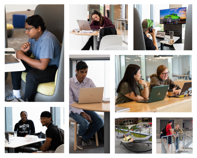 A dynamic photo grid showcases collaborative learning, individual focus, and community engagement in the versatile spaces of Kettering University's Learning Commons.